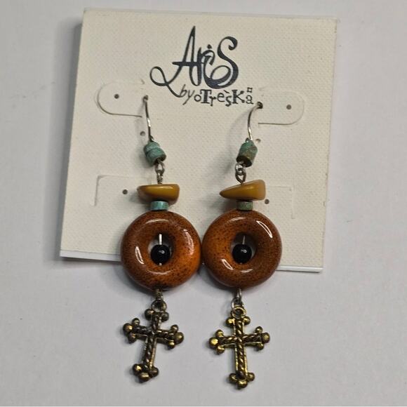 Treska Jewelry - Treska Boho Cross Earrings Wood Turquoise Bronze Tone Dangle New